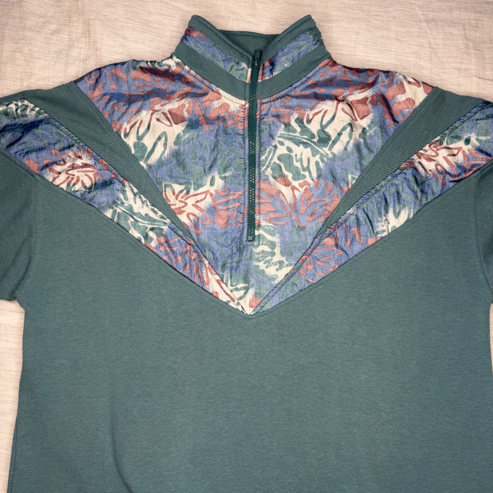 Chinawear Women Large Teal Quarter Zip Vintage 90s Abstract Floral Sweatshirt